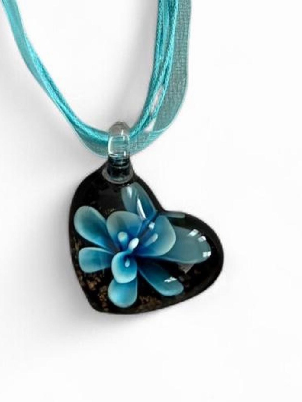 Blue Heart Flower Glass Pendant Necklace - Women Jewelry